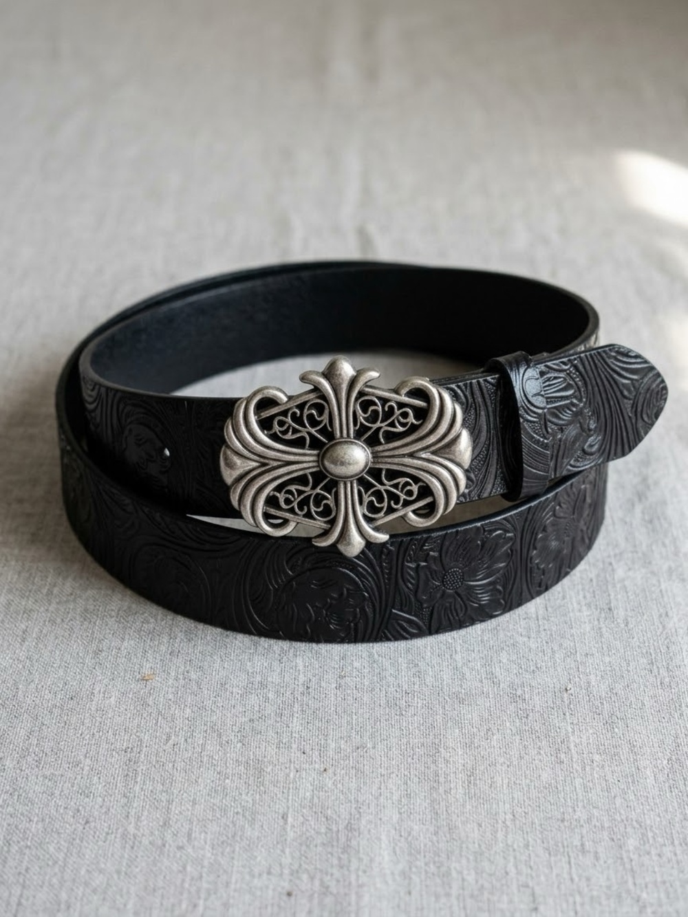 Black Embossed Leather Men's Belt with Ornate Silver Buckle